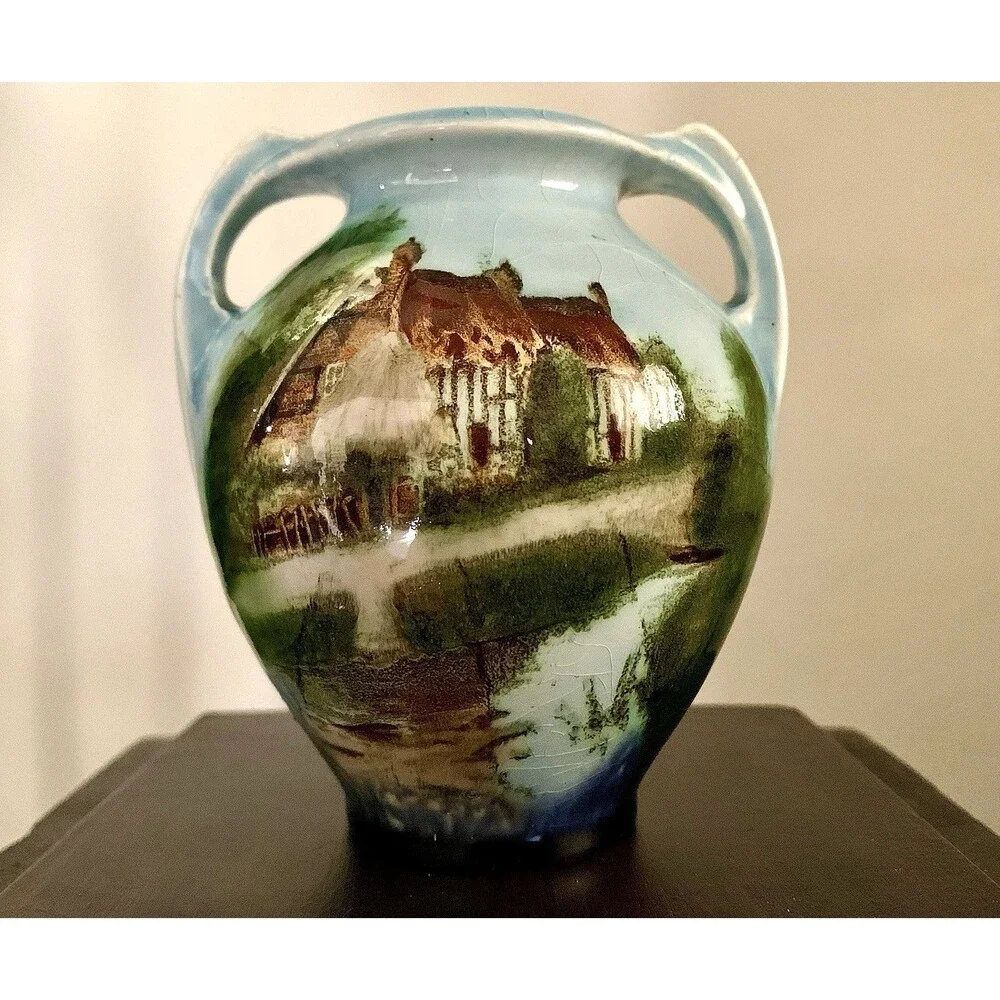 Antique Hand Painted Twin Handled Urn Vase English Cottage Landscape Ceramic 4